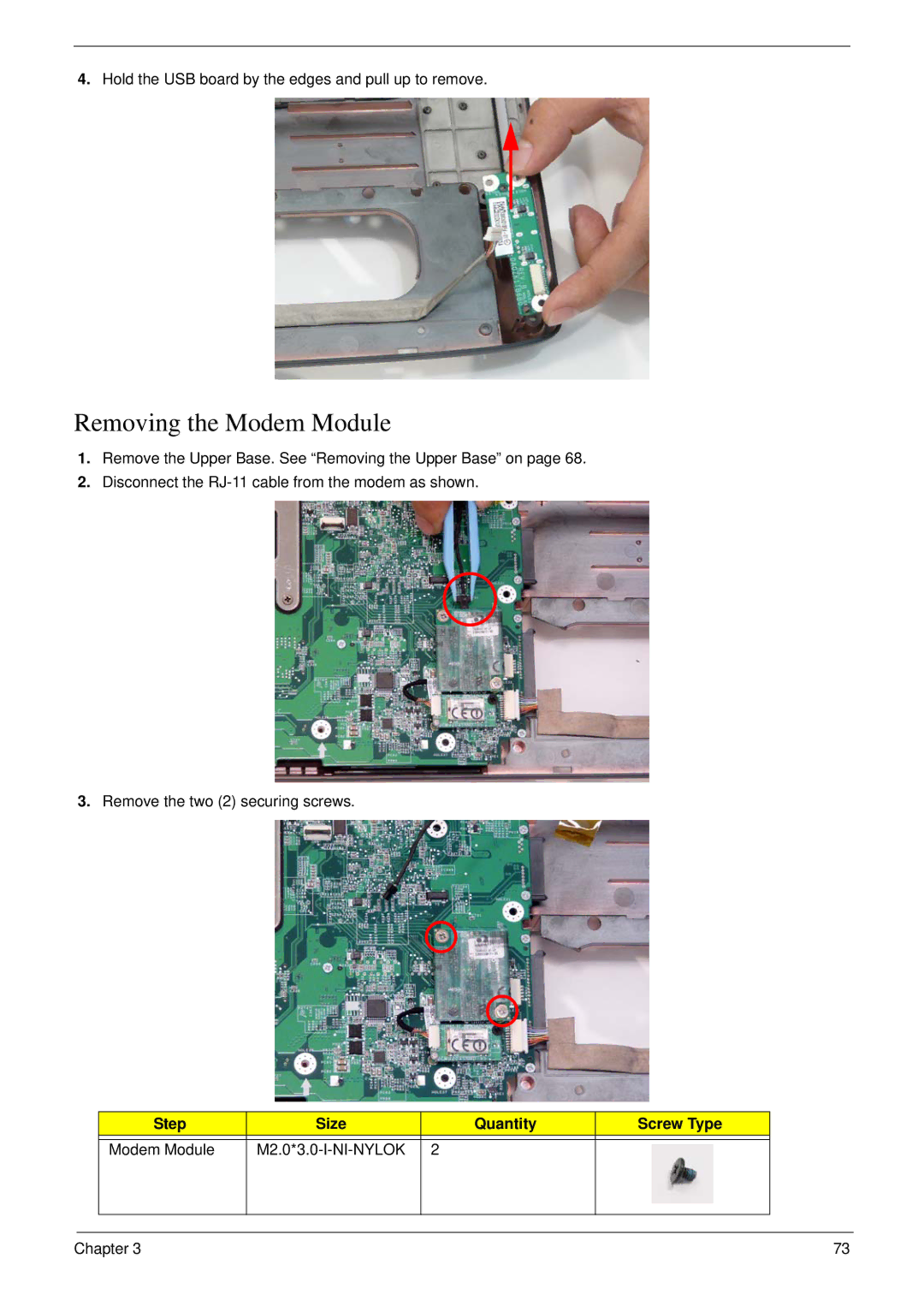 Acer 6530 manual Removing the Modem Module 