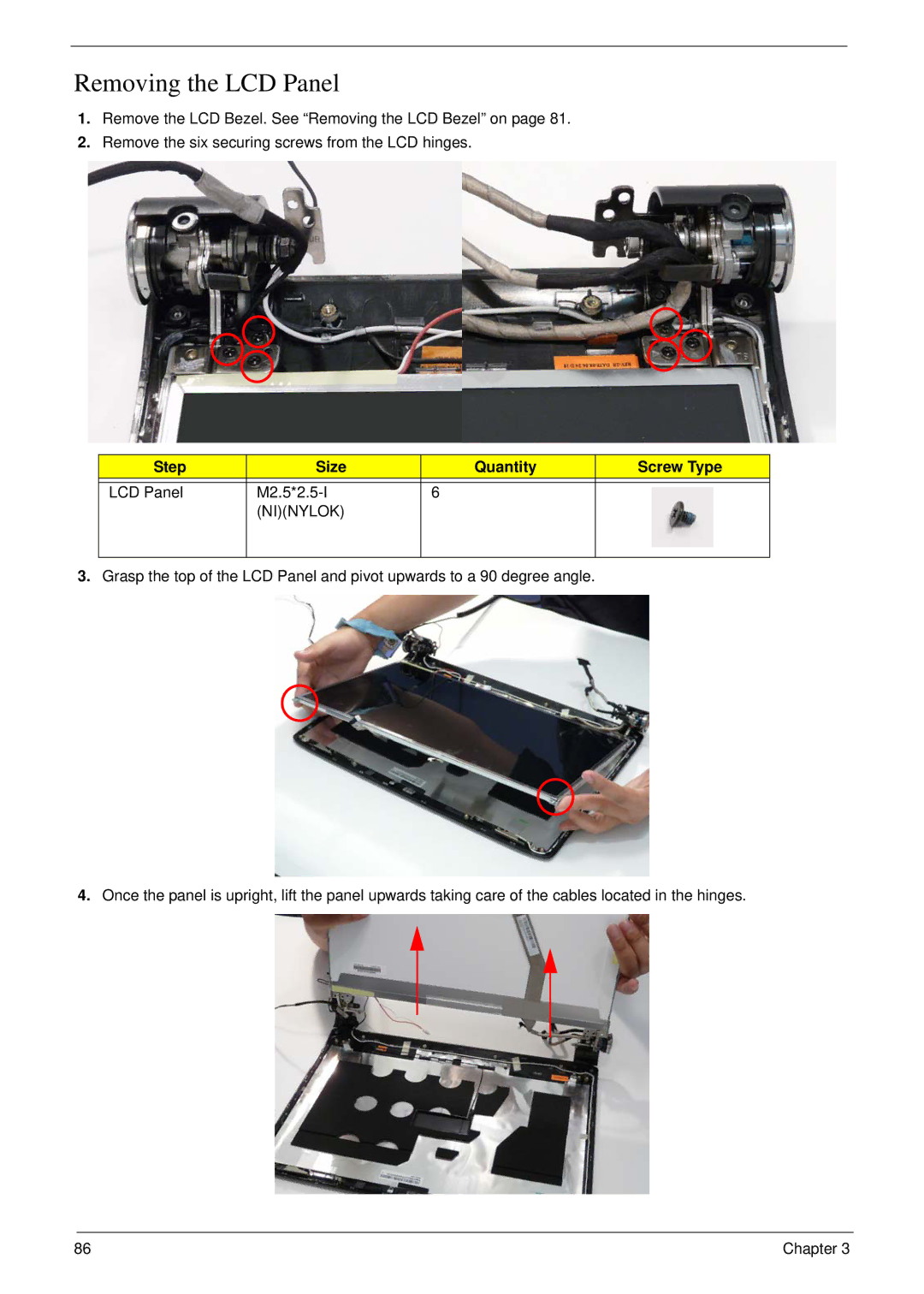 Acer 6530 manual Removing the LCD Panel, Step Size Quantity Screw Type 