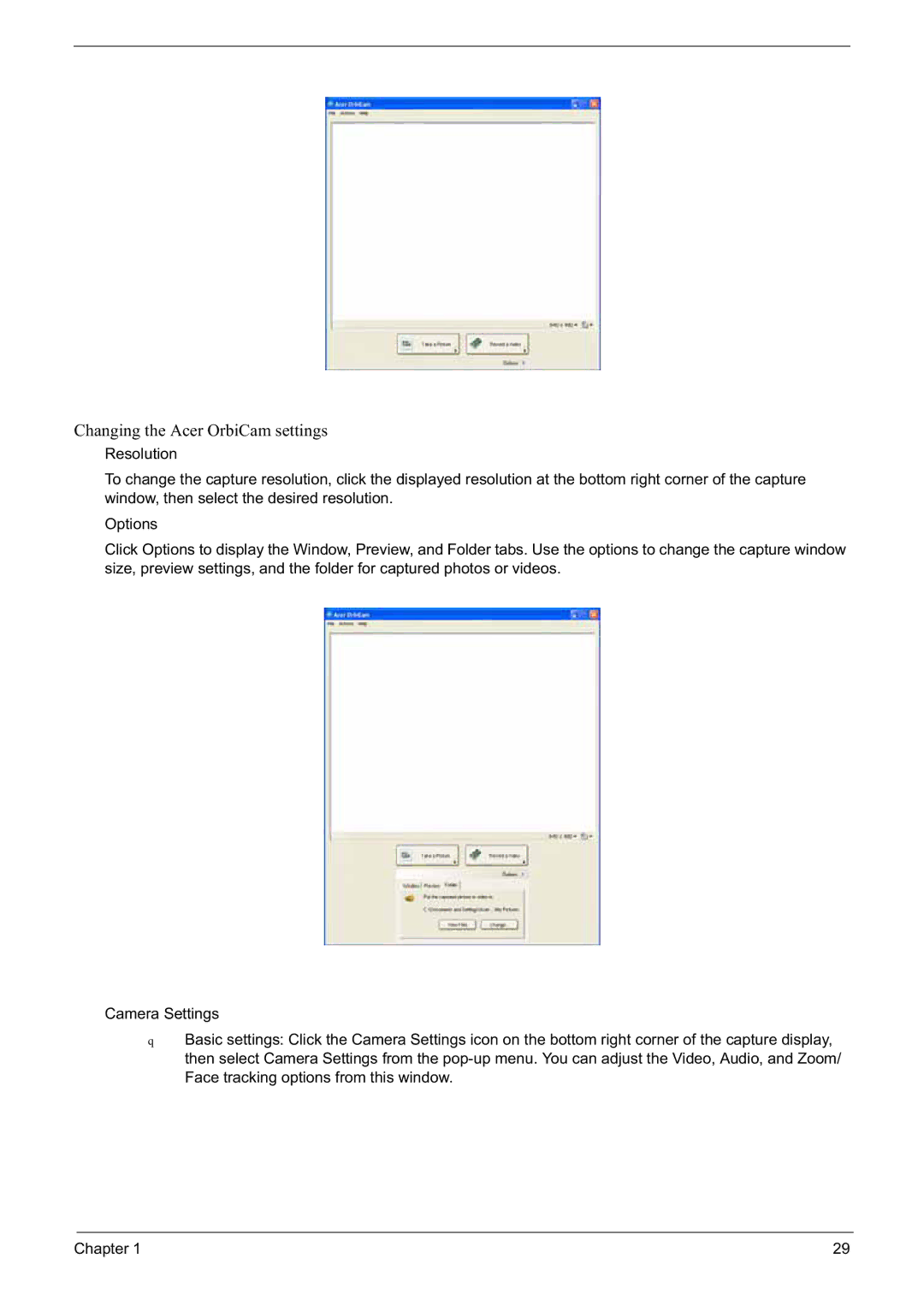 Acer 6592G manual Changing the Acer OrbiCam settings 