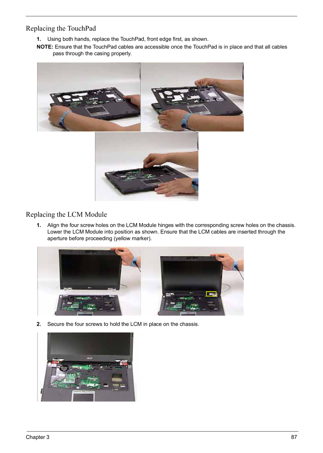 Acer 6592G manual Replacing the TouchPad, Replacing the LCM Module 