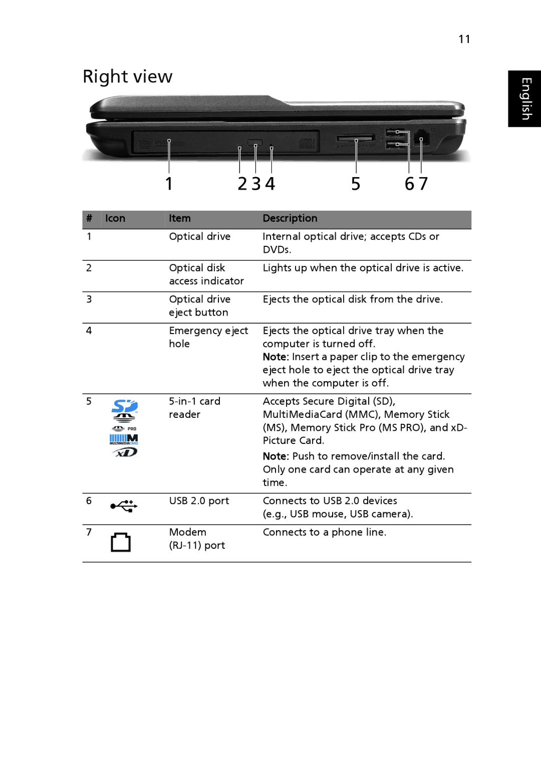 Acer 6593 Series manual Right view, # Icon Description 