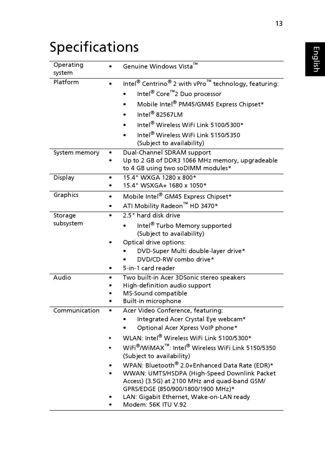 Acer 6593 Series manual Specifications 