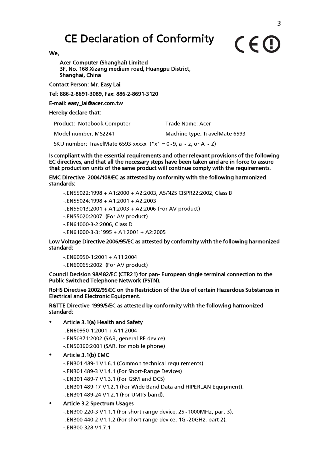 Acer 6593 Series manual CE Declaration of Conformity 