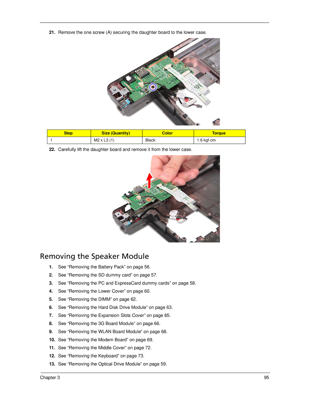 Acer 6593 manual Removing the Speaker Module 