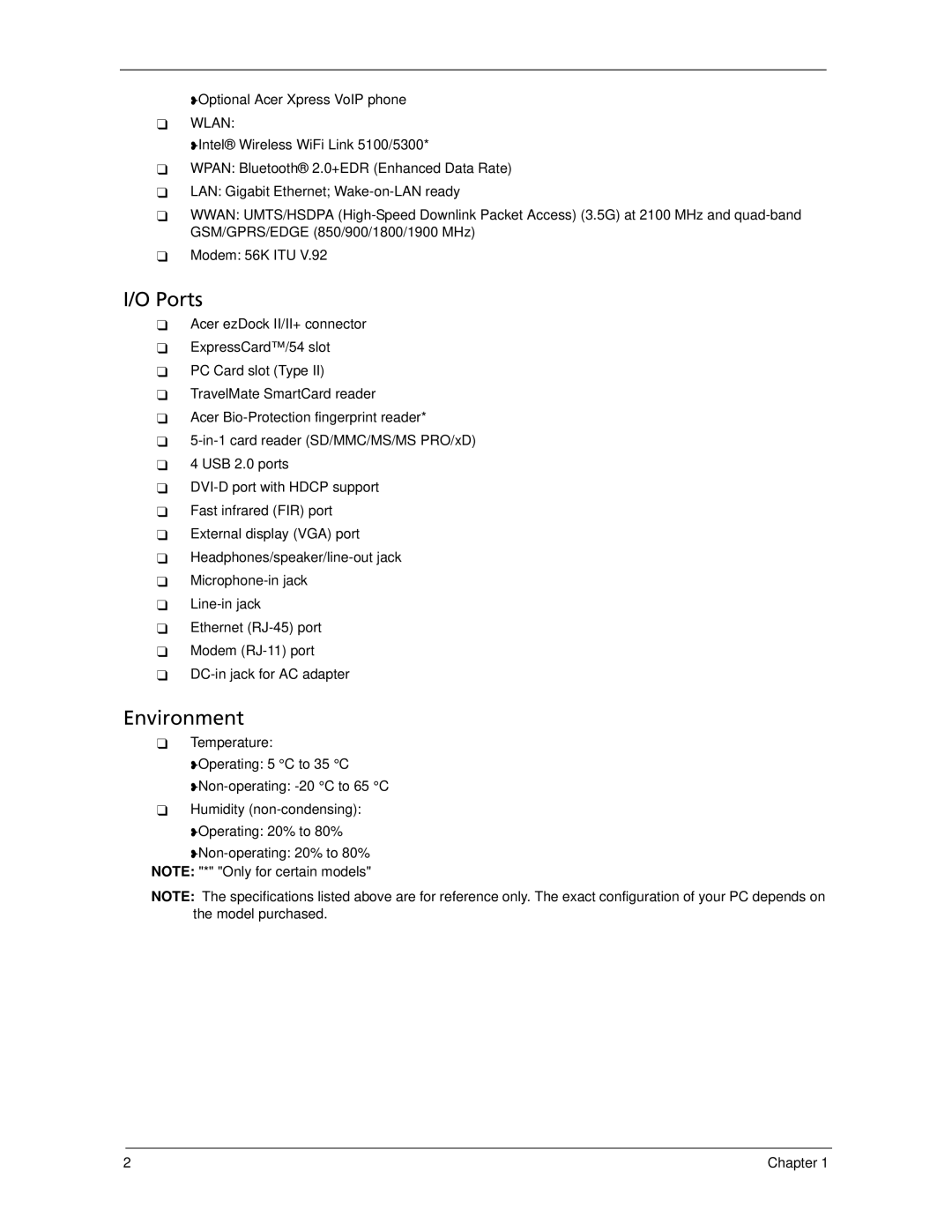 Acer 6593 manual Optional Acer Xpress VoIP phone,  Wlan 