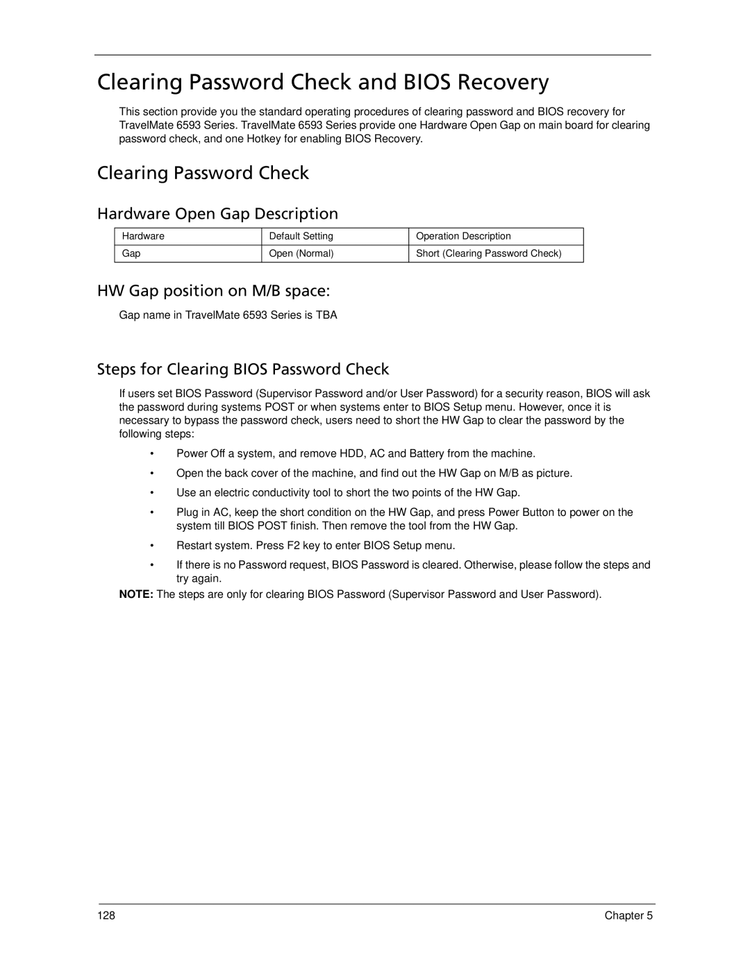 Acer manual Clearing Password Check and Bios Recovery, Gap name in TravelMate 6593 Series is TBA 