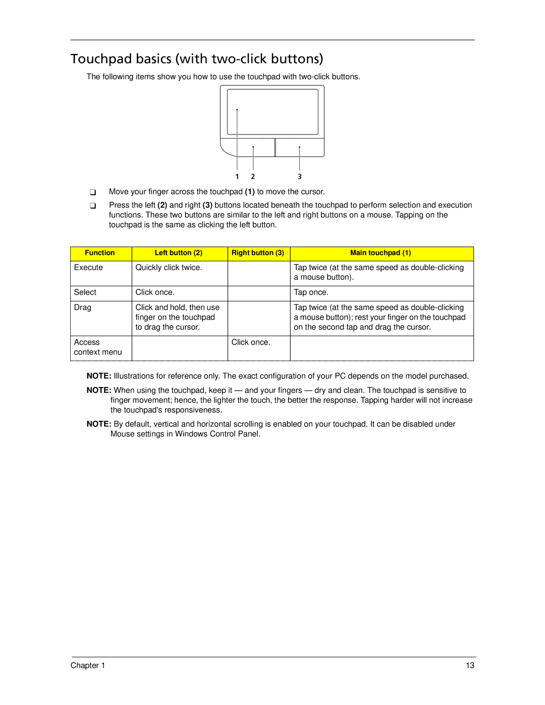 Acer 6593 manual Touchpad basics with two-click buttons 