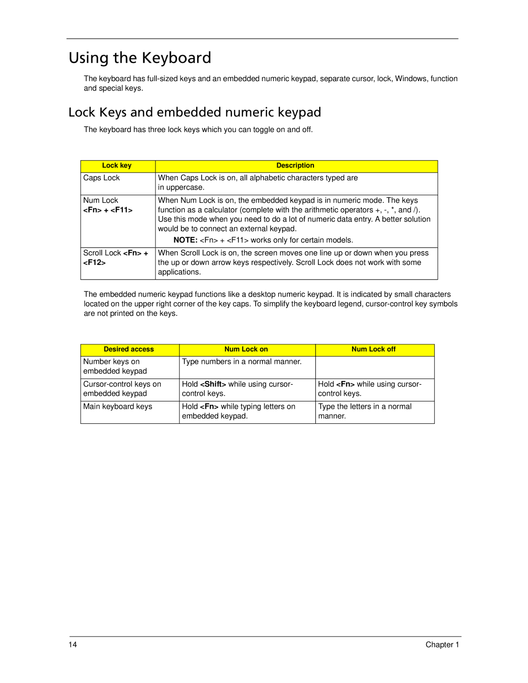 Acer 6593 manual Using the Keyboard, Lock Keys and embedded numeric keypad, Fn + F11, F12 