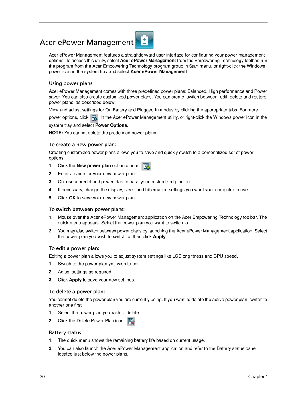 Acer 6593 manual Acer ePower Management, Using power plans 