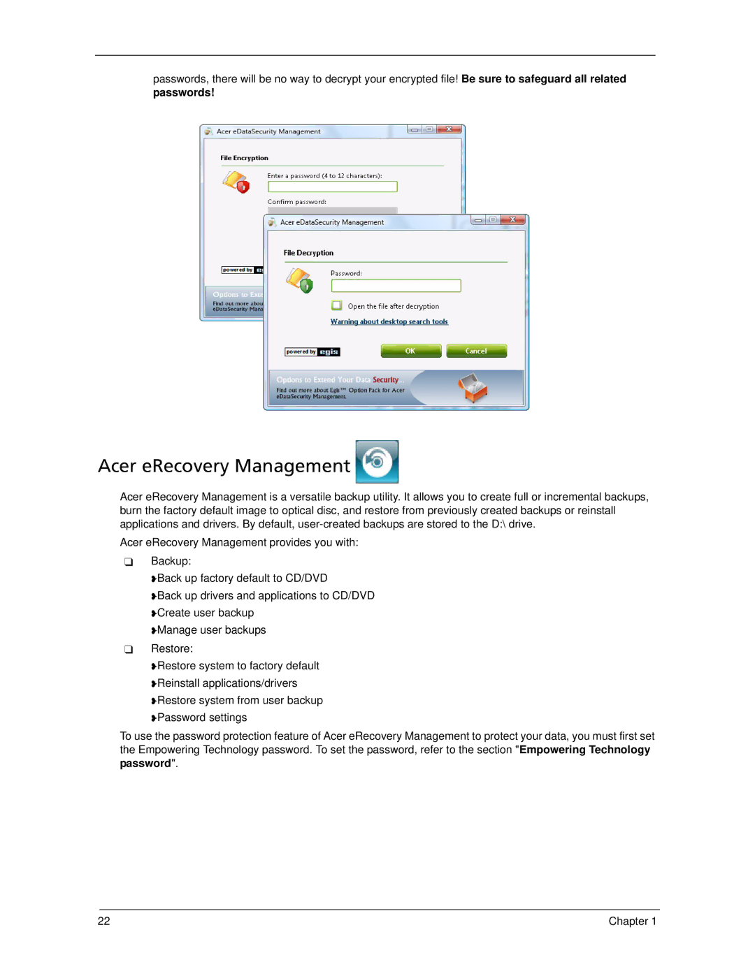 Acer 6593 manual Acer eRecovery Management, Passwords 