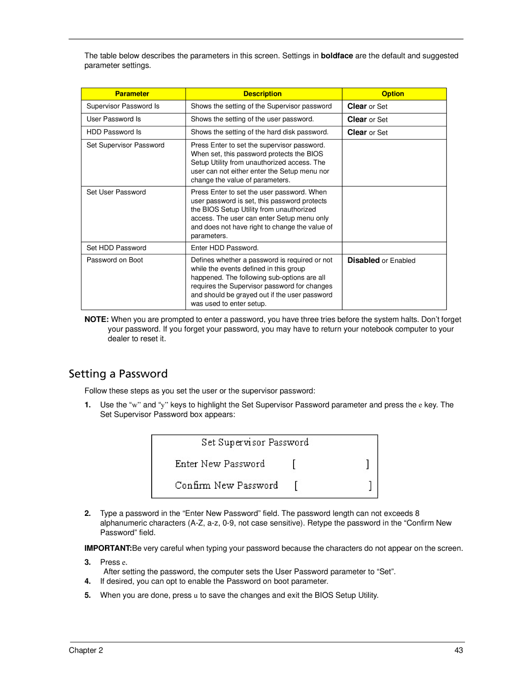 Acer 6593 manual Setting a Password, Clear or Set 