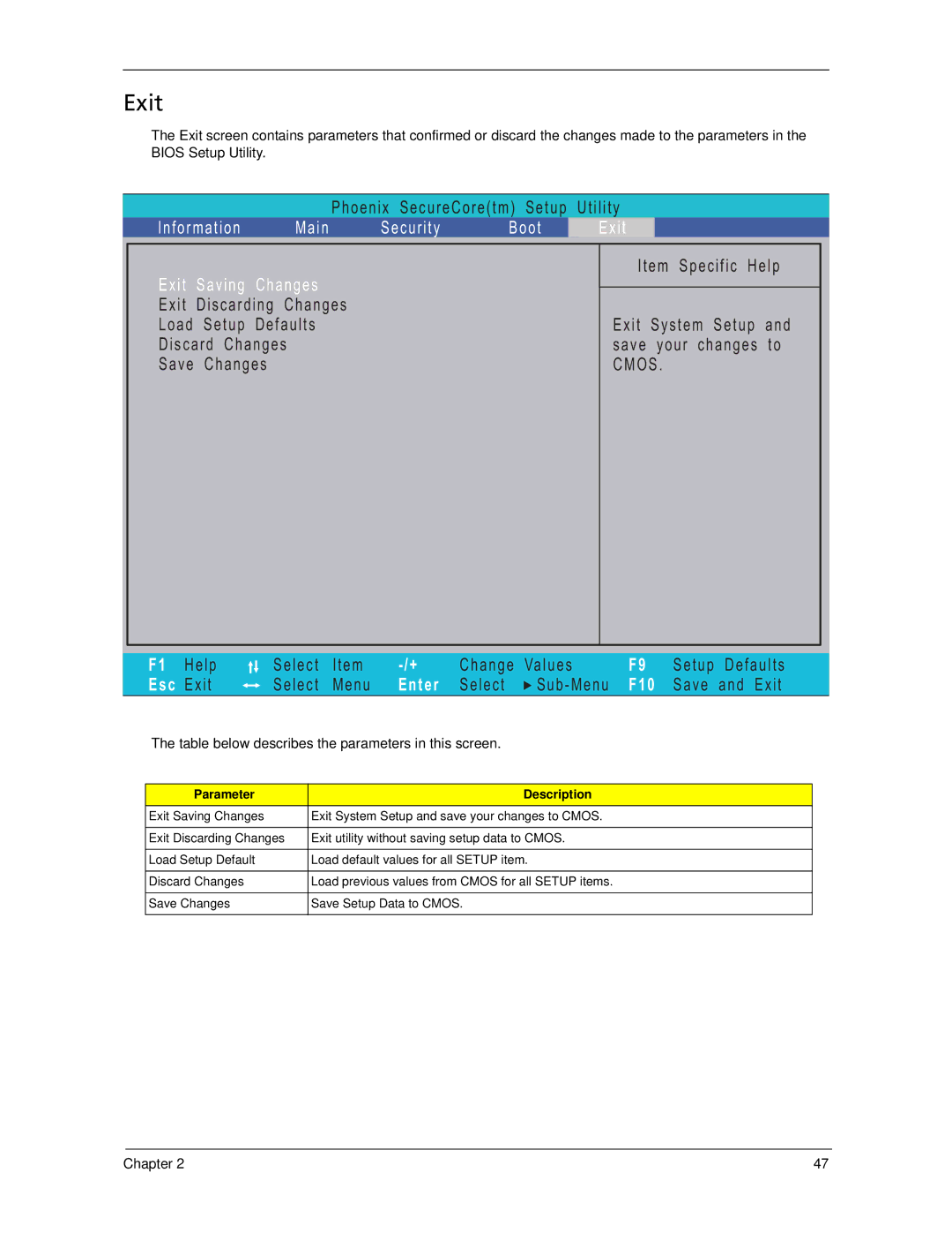 Acer 6593 manual Exit, Table below describes the parameters in this screen 