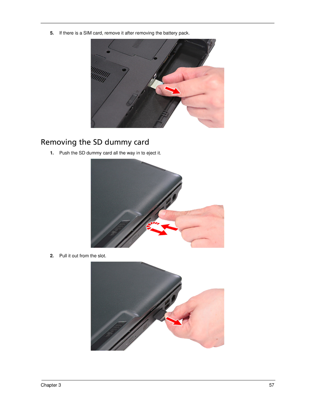 Acer 6593 manual Removing the SD dummy card 