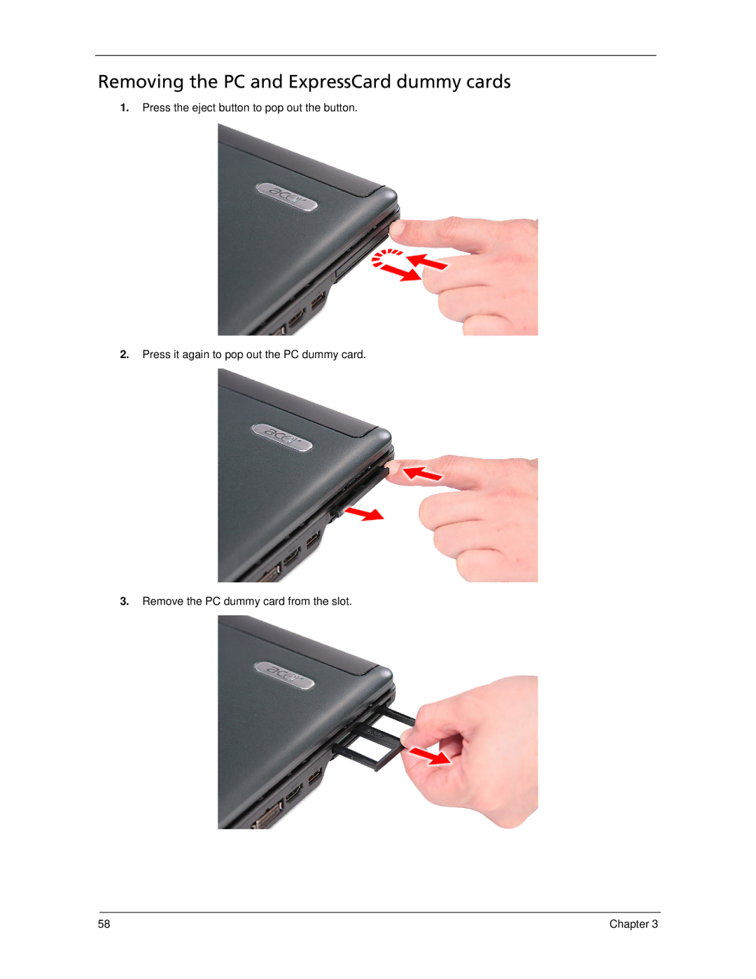 Acer 6593 manual Removing the PC and ExpressCard dummy cards 