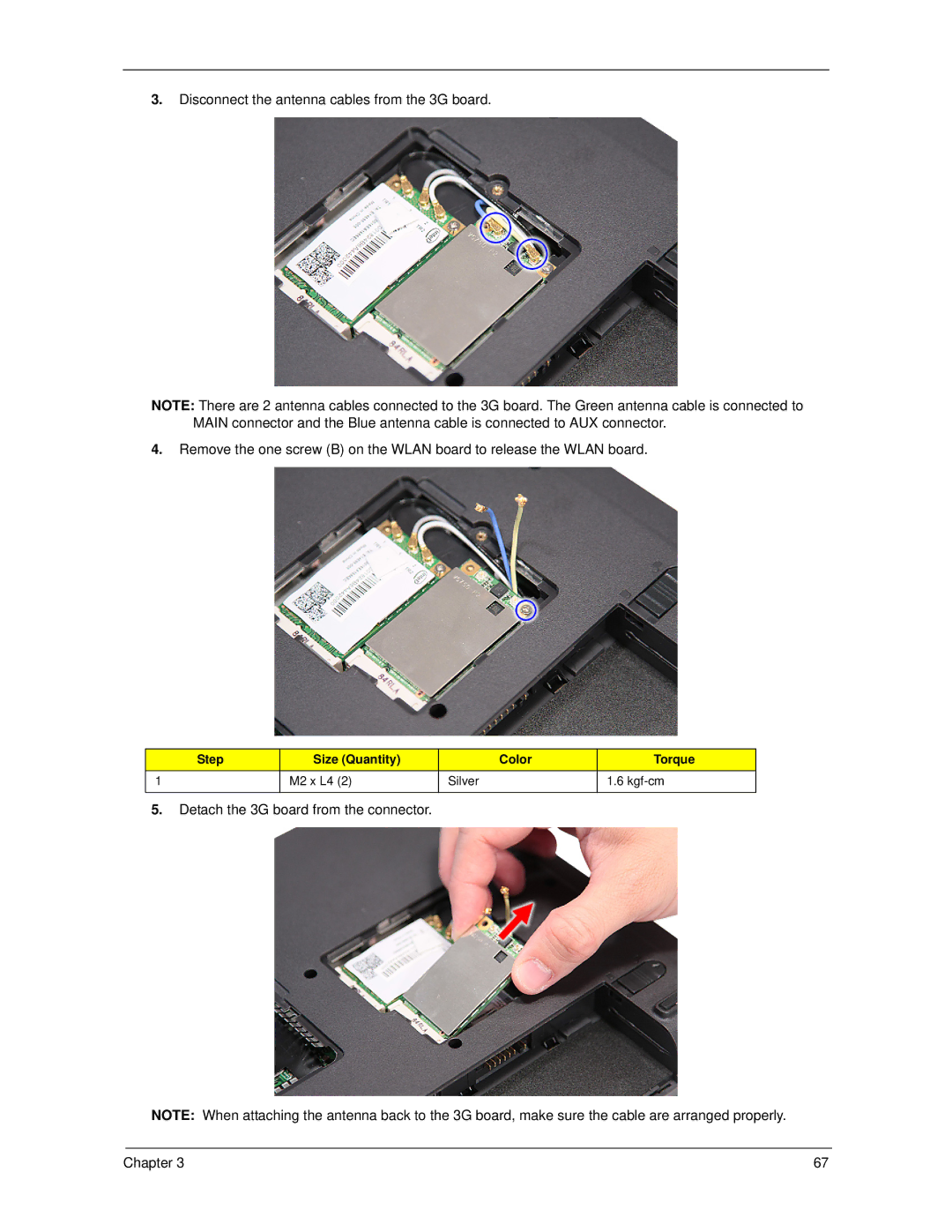 Acer 6593 manual Detach the 3G board from the connector Chapter 