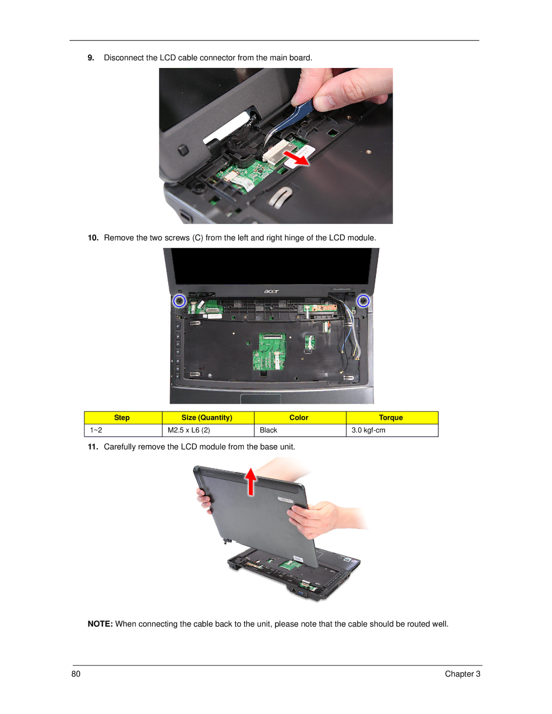 Acer 6593 manual Carefully remove the LCD module from the base unit 