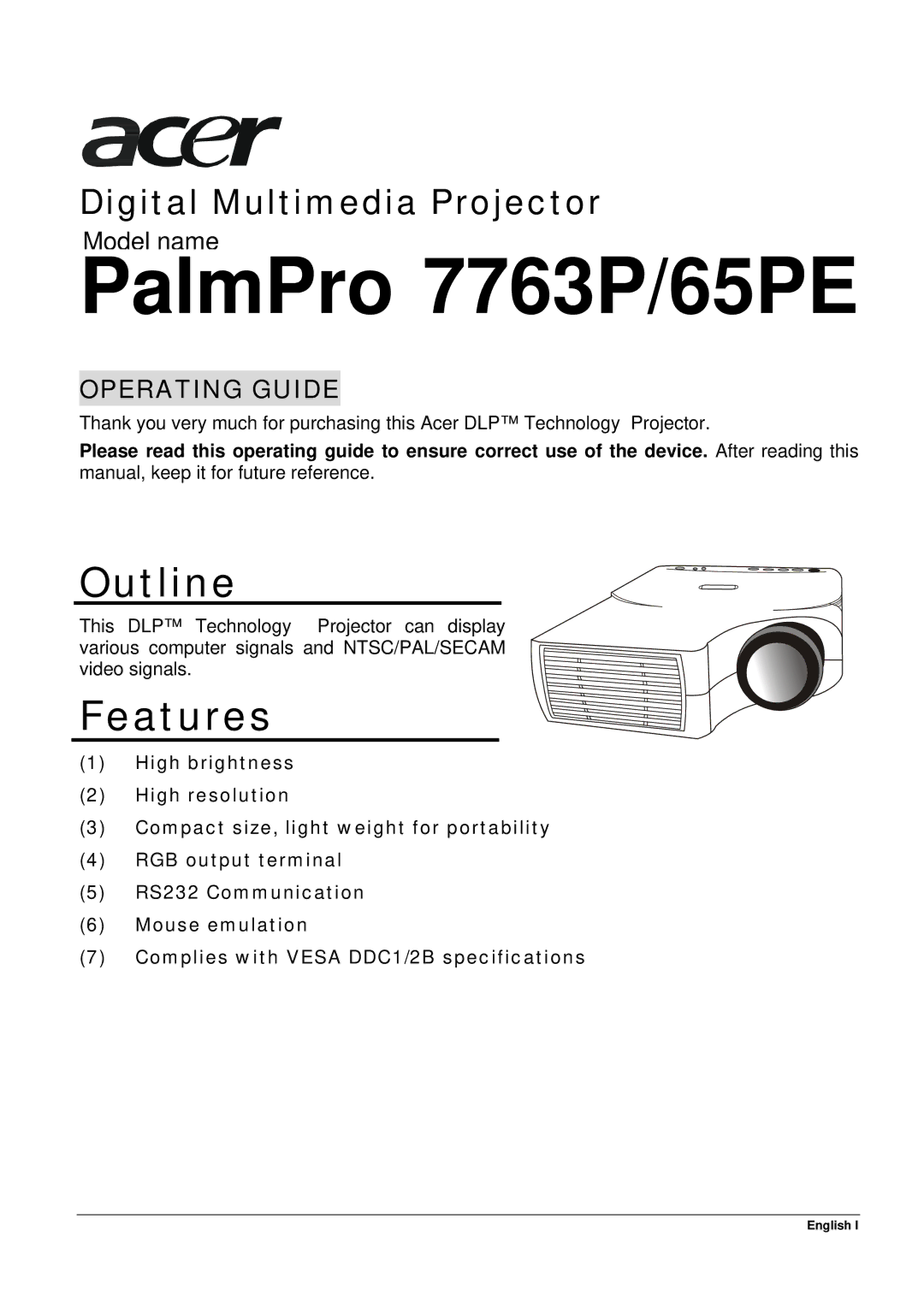 Acer specifications PalmPro 7763P/65PE 