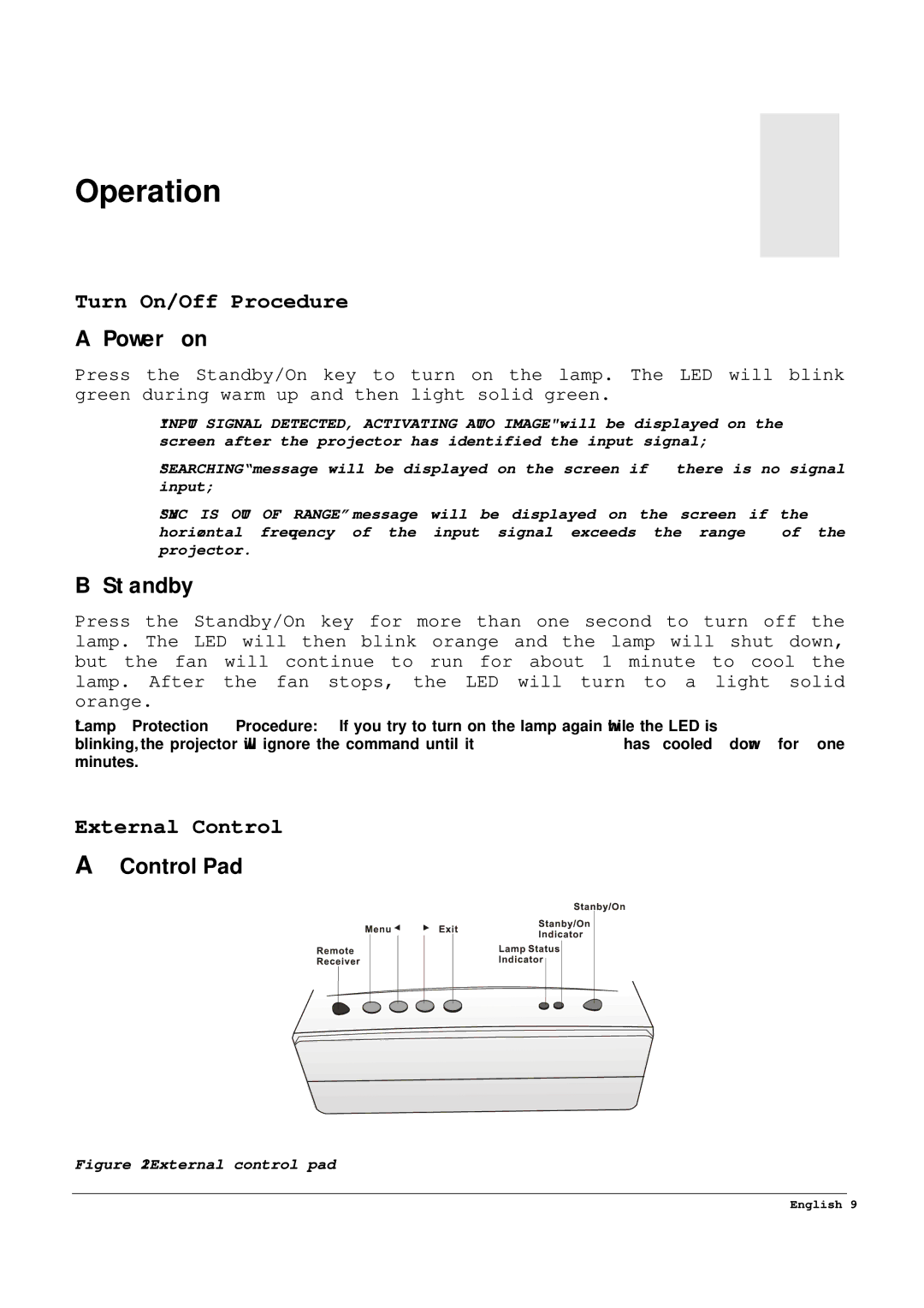 Acer 65PE specifications Operation, Power on, Standby, Control Pad 