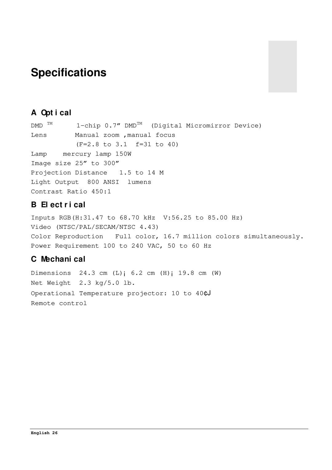 Acer 65PE specifications Specifications5, Optical, Electrical, Mechanical 