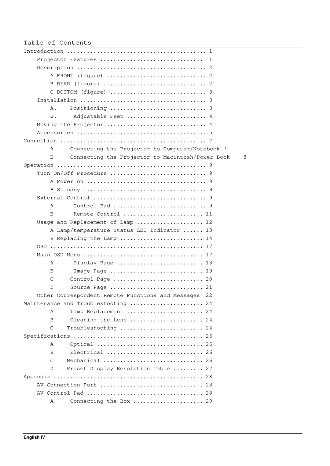 Acer 65PE specifications Table of Contents 