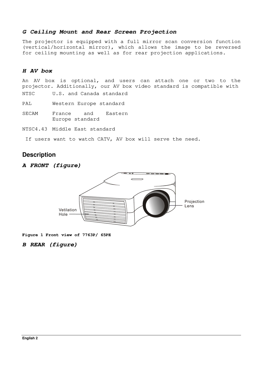 Acer 65PE specifications Ceiling Mount and Rear Screen Projection, AV box, Description, Front figure, Rear figure 