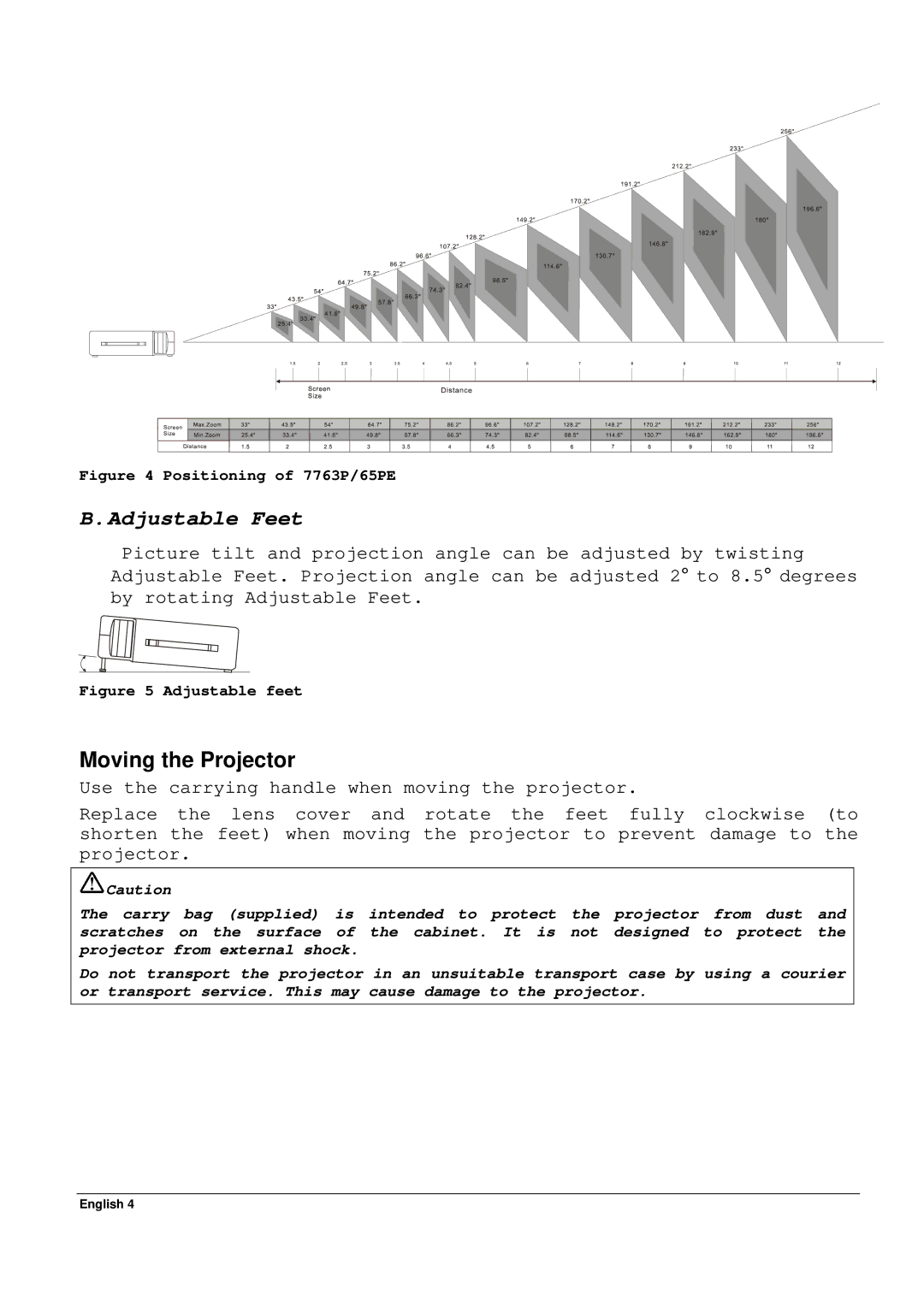 Acer 65PE specifications Adjustable Feet, Moving the Projector 