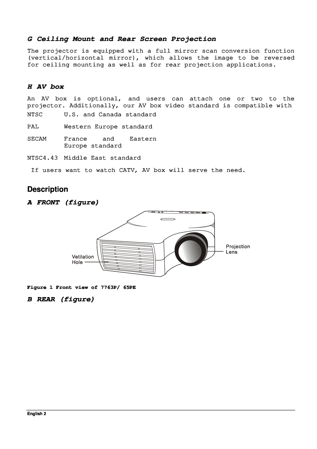 Acer 65PE specifications G Ceiling Mount and Rear Screen Projection, H AV box, Description, A FRONT figure, B REAR figure 