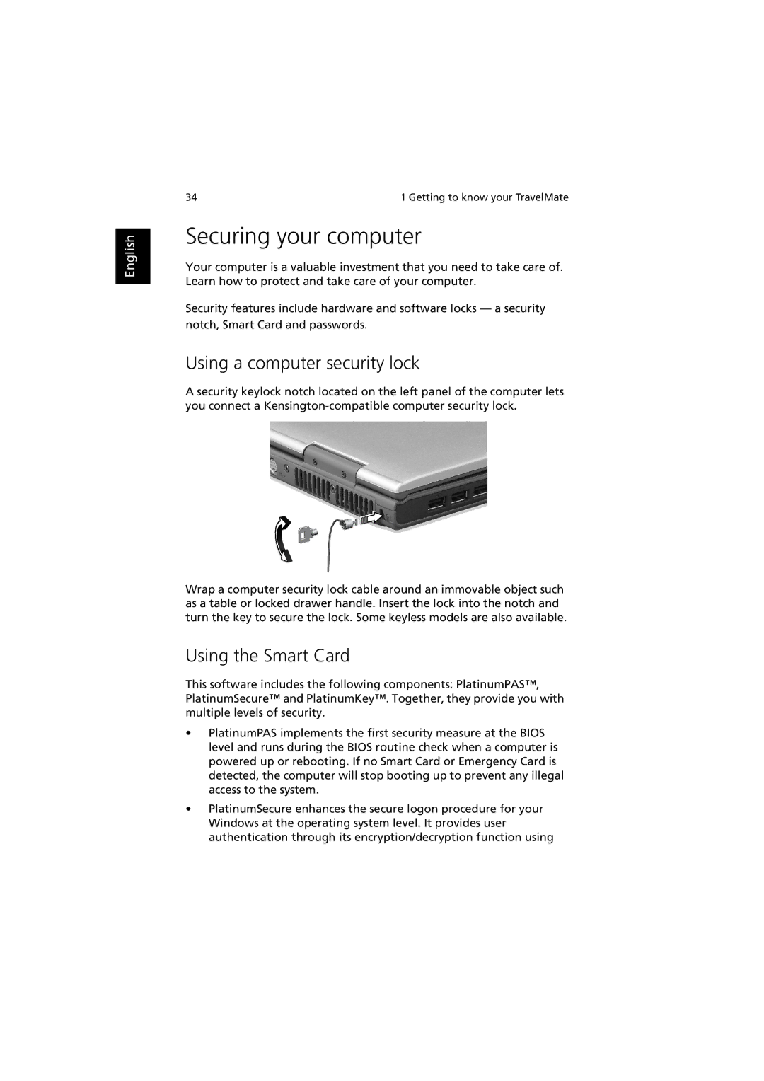 Acer 660 series manual Securing your computer, Using a computer security lock, Using the Smart Card 