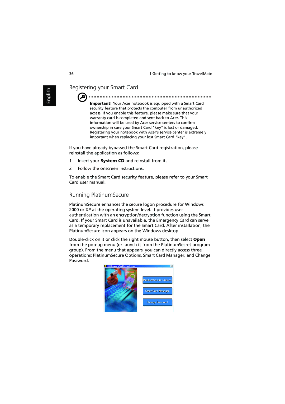 Acer 660 series manual Registering your Smart Card, Running PlatinumSecure 