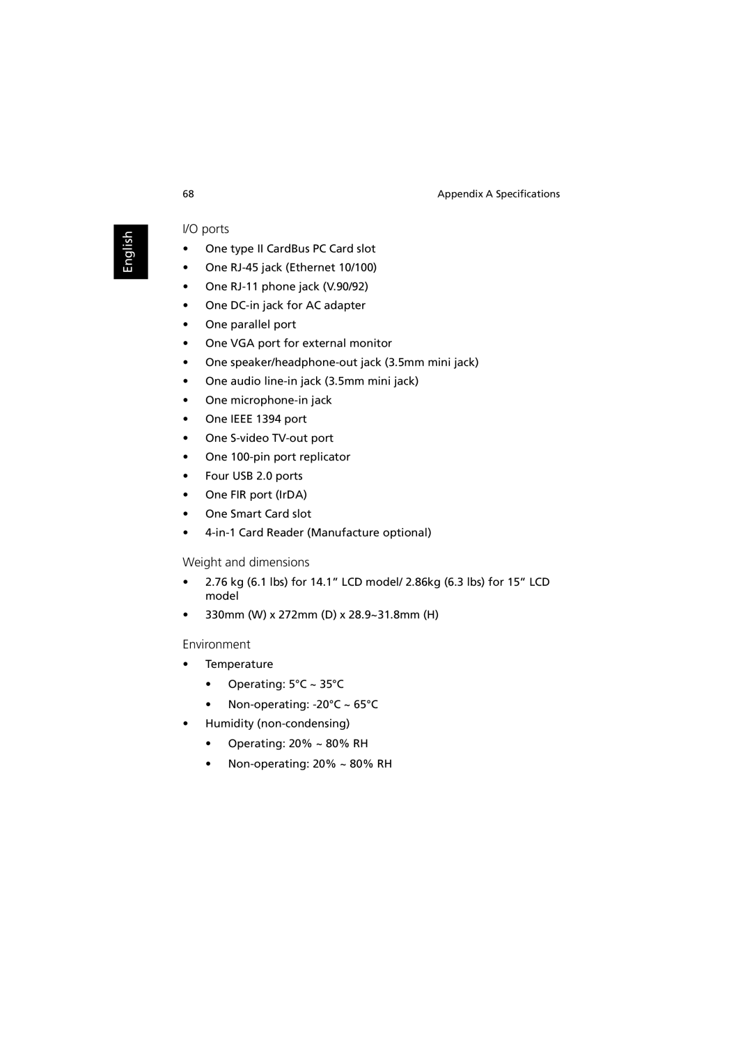 Acer 660 series manual Ports, Weight and dimensions, Environment 