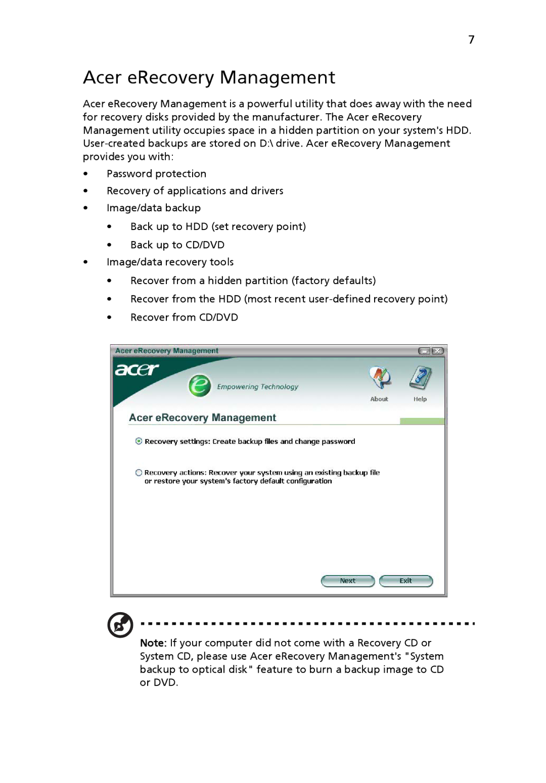 Acer 6800 manual Acer eRecovery Management 