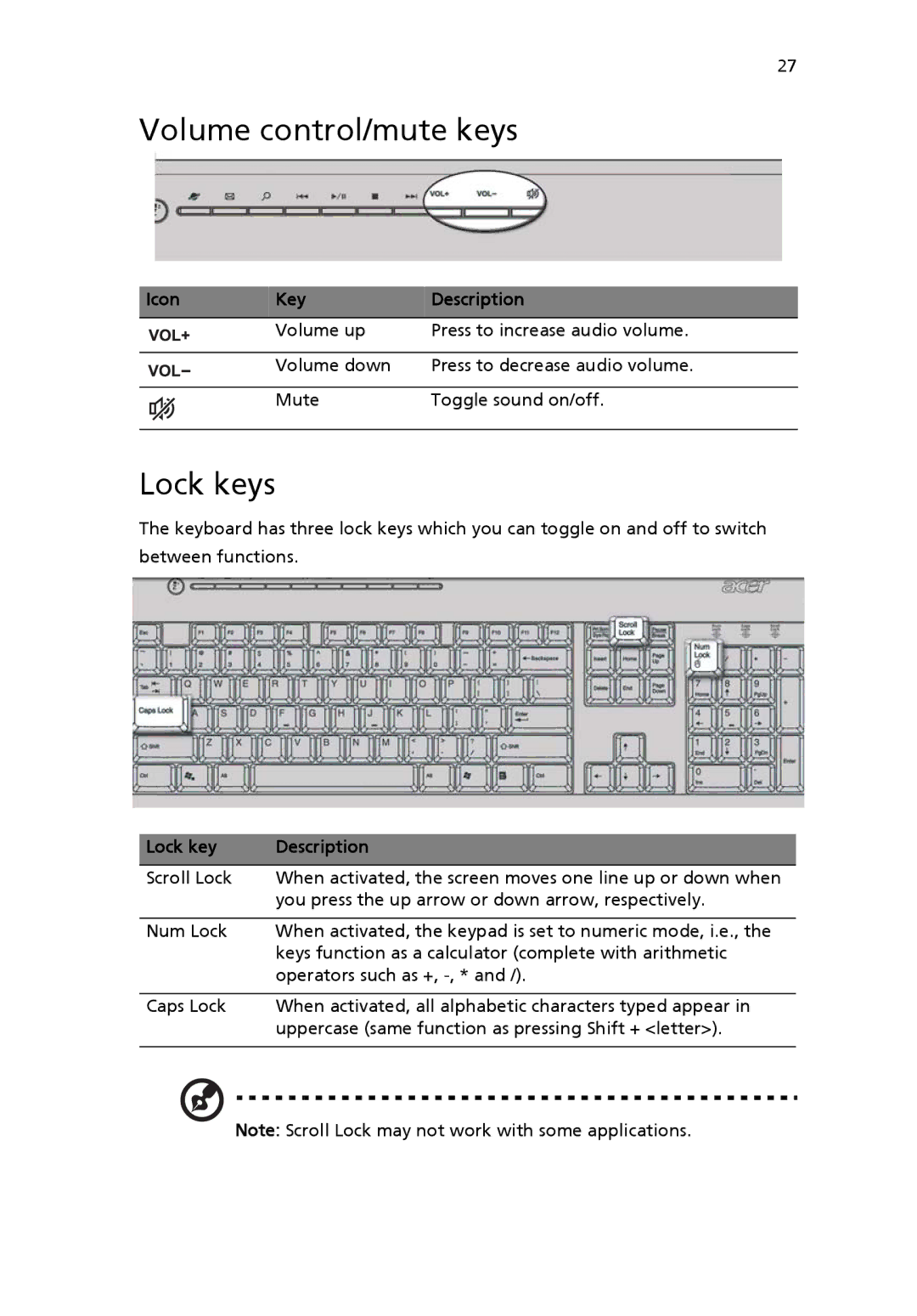 Acer 6800 manual Volume control/mute keys, Lock keys 