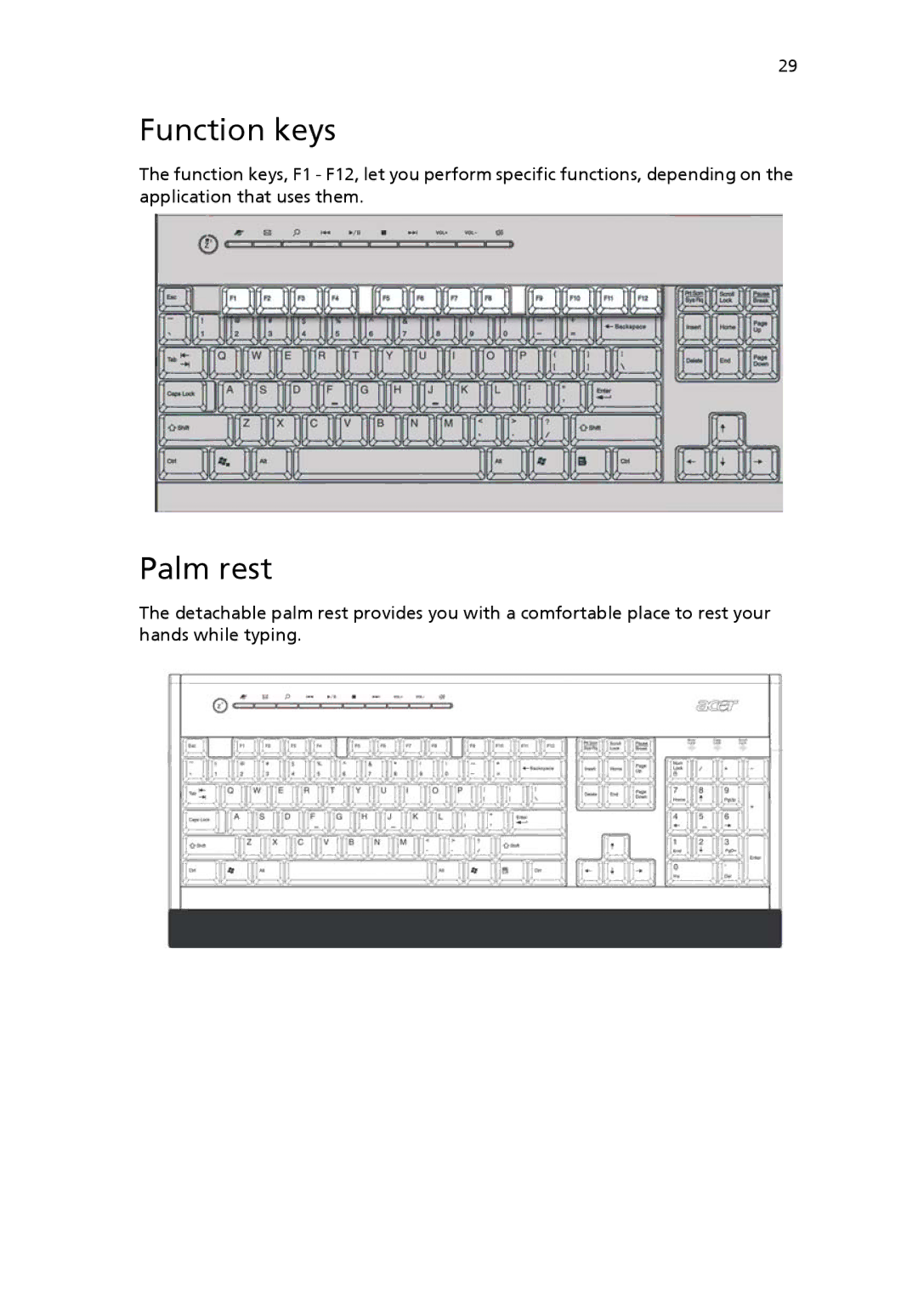 Acer 6800 manual Function keys, Palm rest 