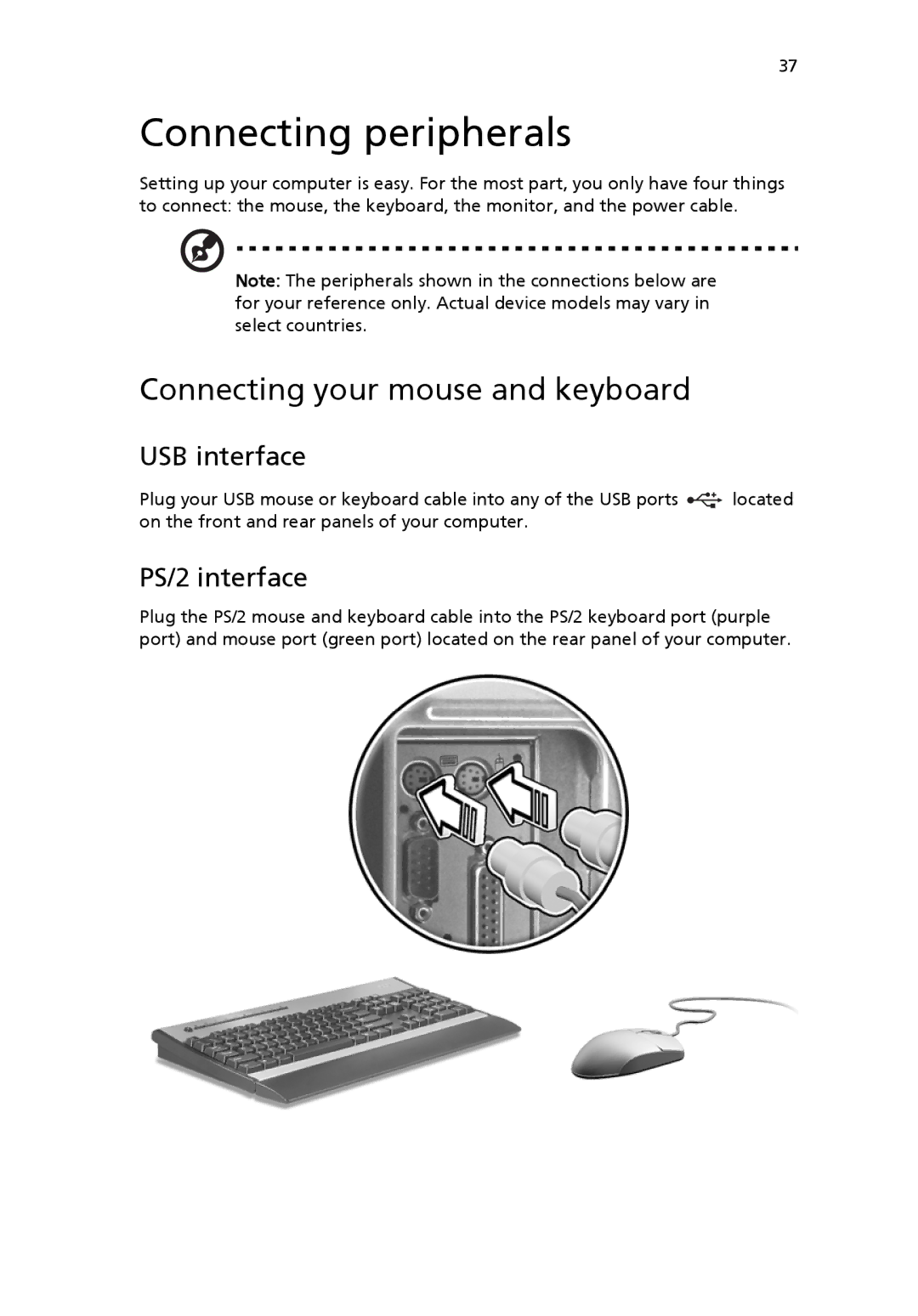 Acer 6800 manual Connecting peripherals, Connecting your mouse and keyboard, USB interface, PS/2 interface 