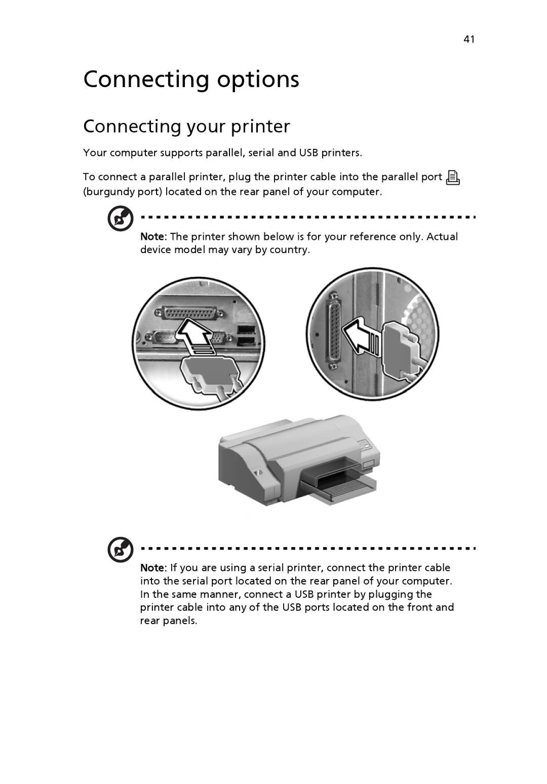 Acer 6800 manual Connecting options, Connecting your printer 