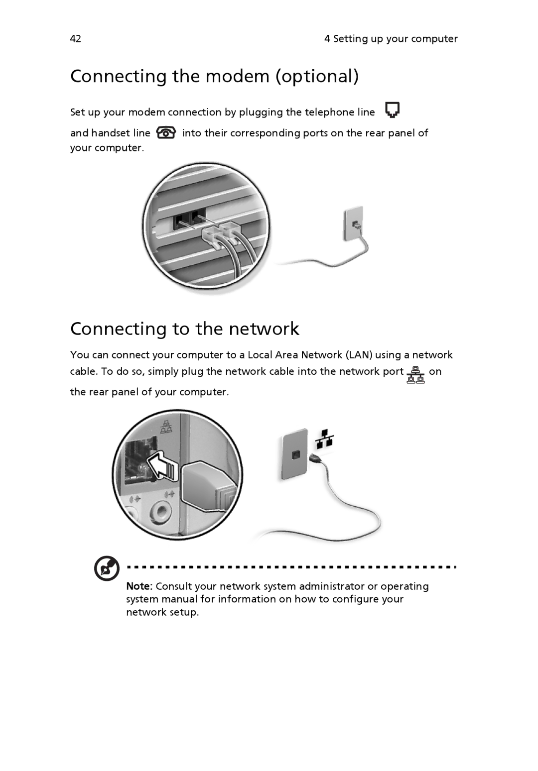 Acer 6800 manual Connecting the modem optional, Connecting to the network 