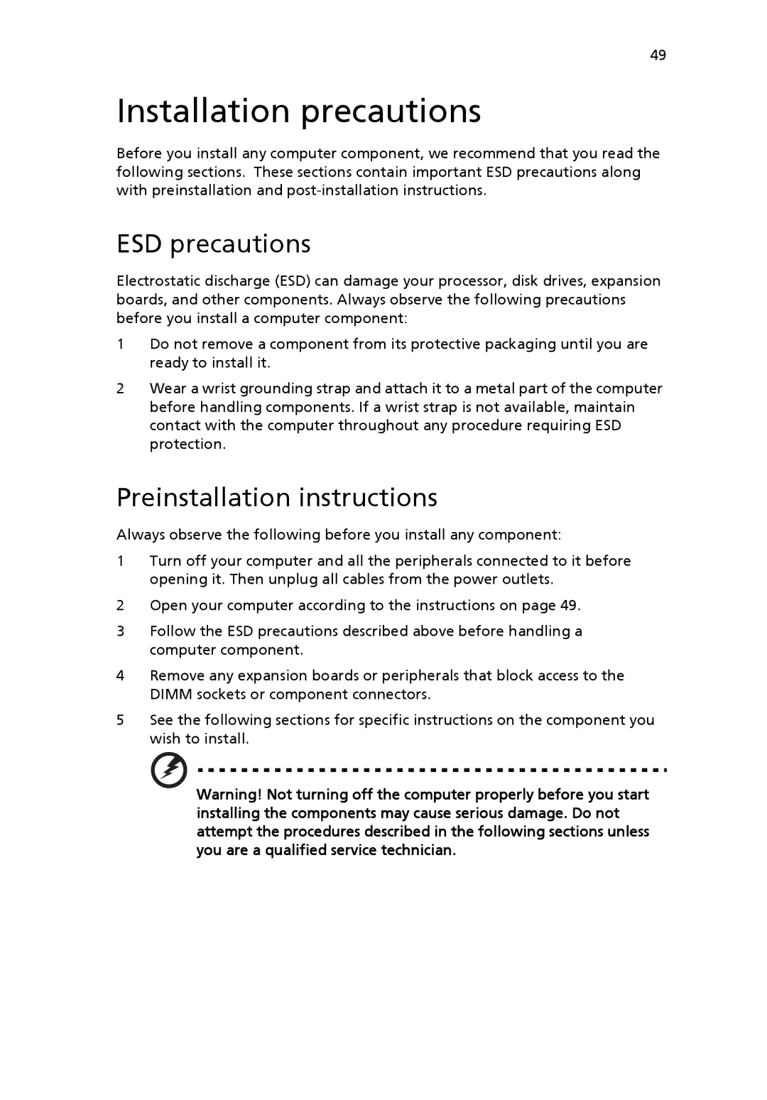 Acer 6800 manual Installation precautions, ESD precautions, Preinstallation instructions 