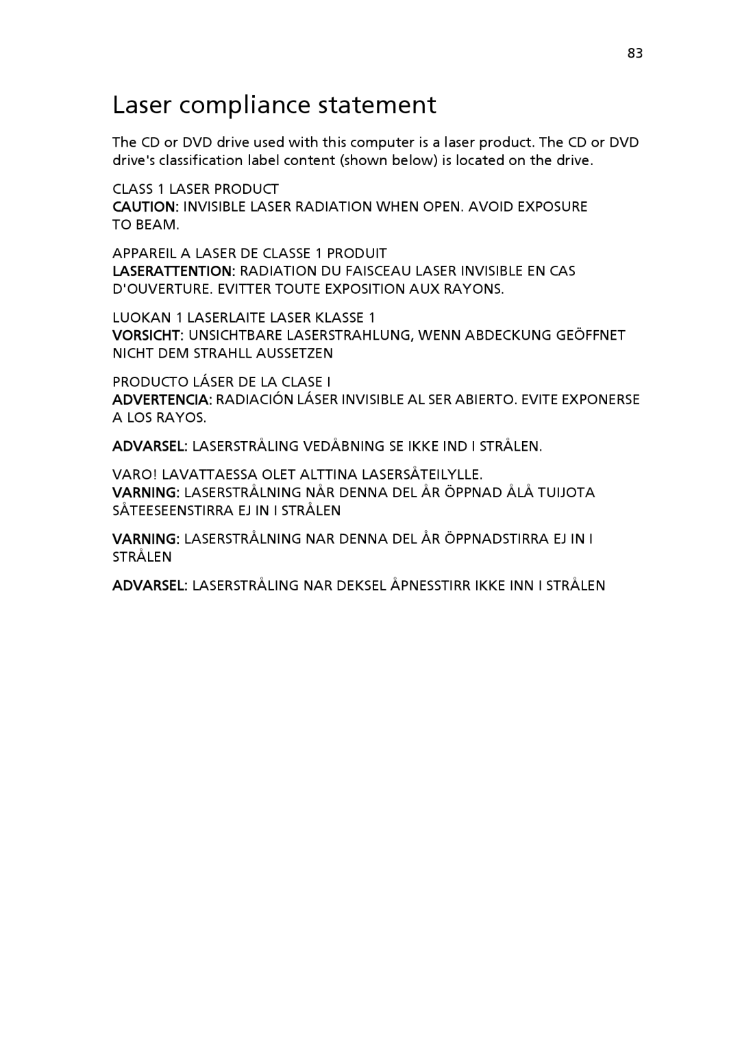 Acer 6800 manual Laser compliance statement 