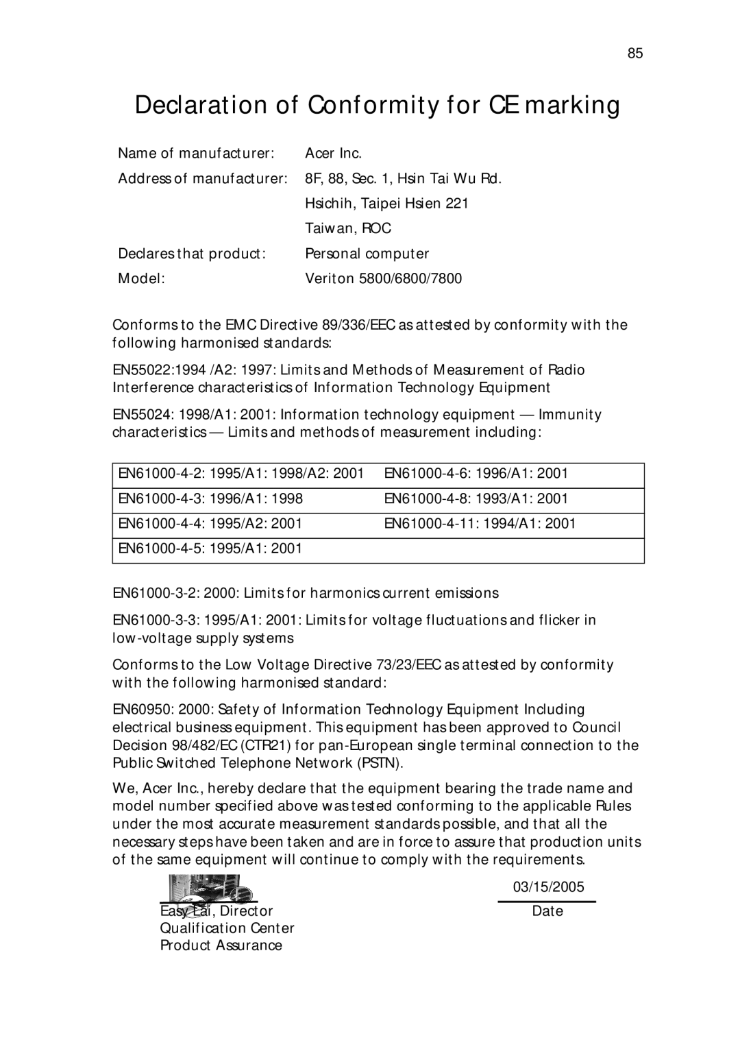 Acer 6800 manual Declaration of Conformity for CE marking 