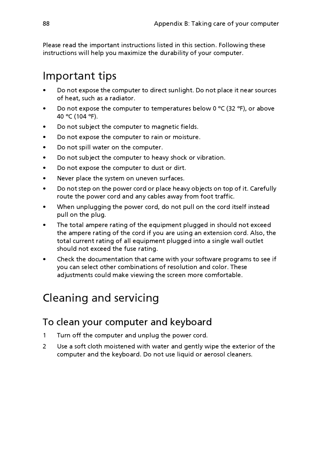 Acer 6800 manual Important tips, Cleaning and servicing, To clean your computer and keyboard 