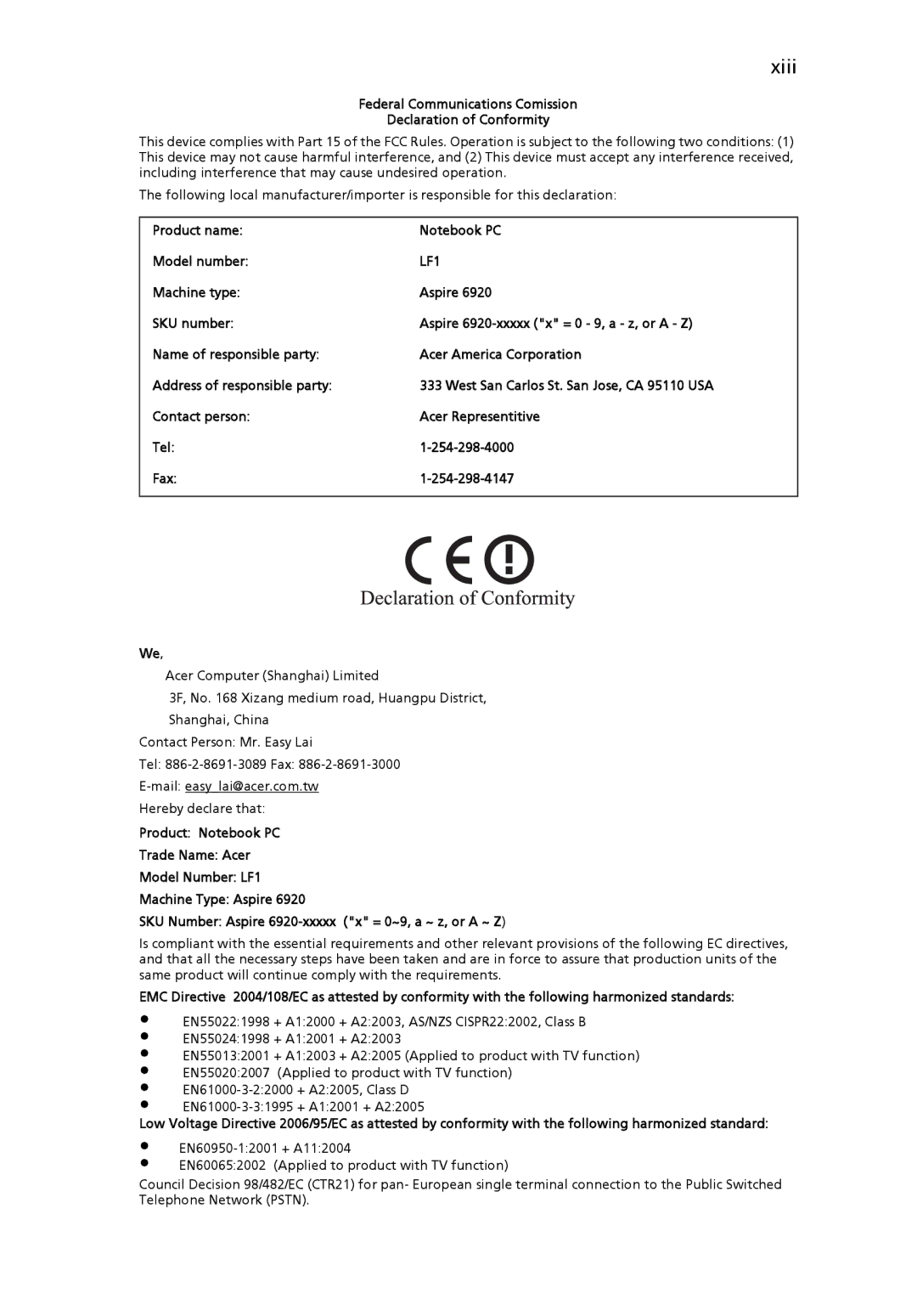 Acer 6920 manual Xiii 