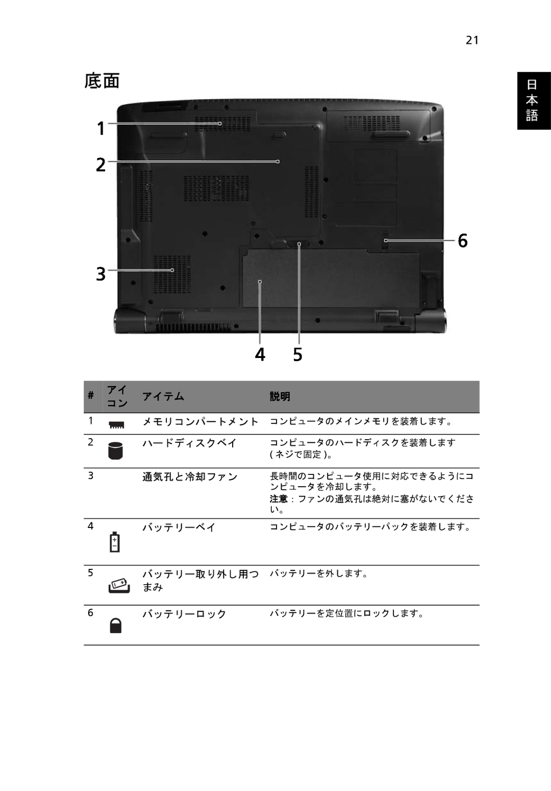 Acer 6920 manual ハードディスクベイ, 通気孔と冷却ファン, バッテリーベイ 