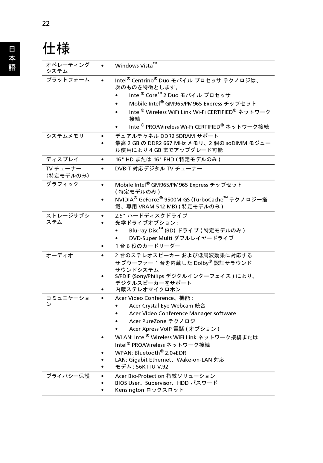 Acer 6920 manual オペレーティング 