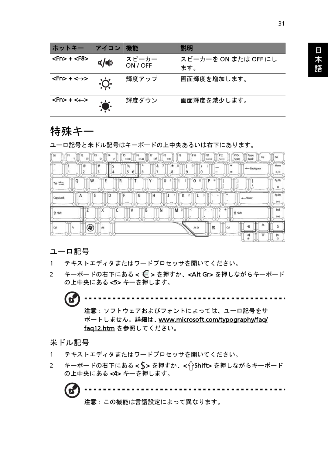 Acer 6920 manual 特殊キー, ユーロ記号, 米ドル記号 