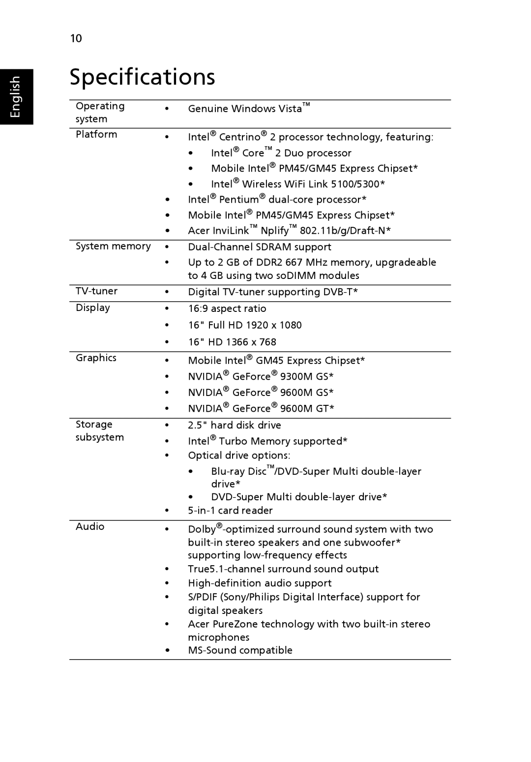 Acer 6930 Series, 6930Z Series manual Specifications 