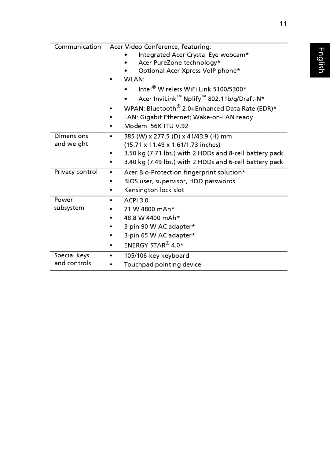 Acer 6930Z Series, 6930 Series manual Wlan, Energy Star 