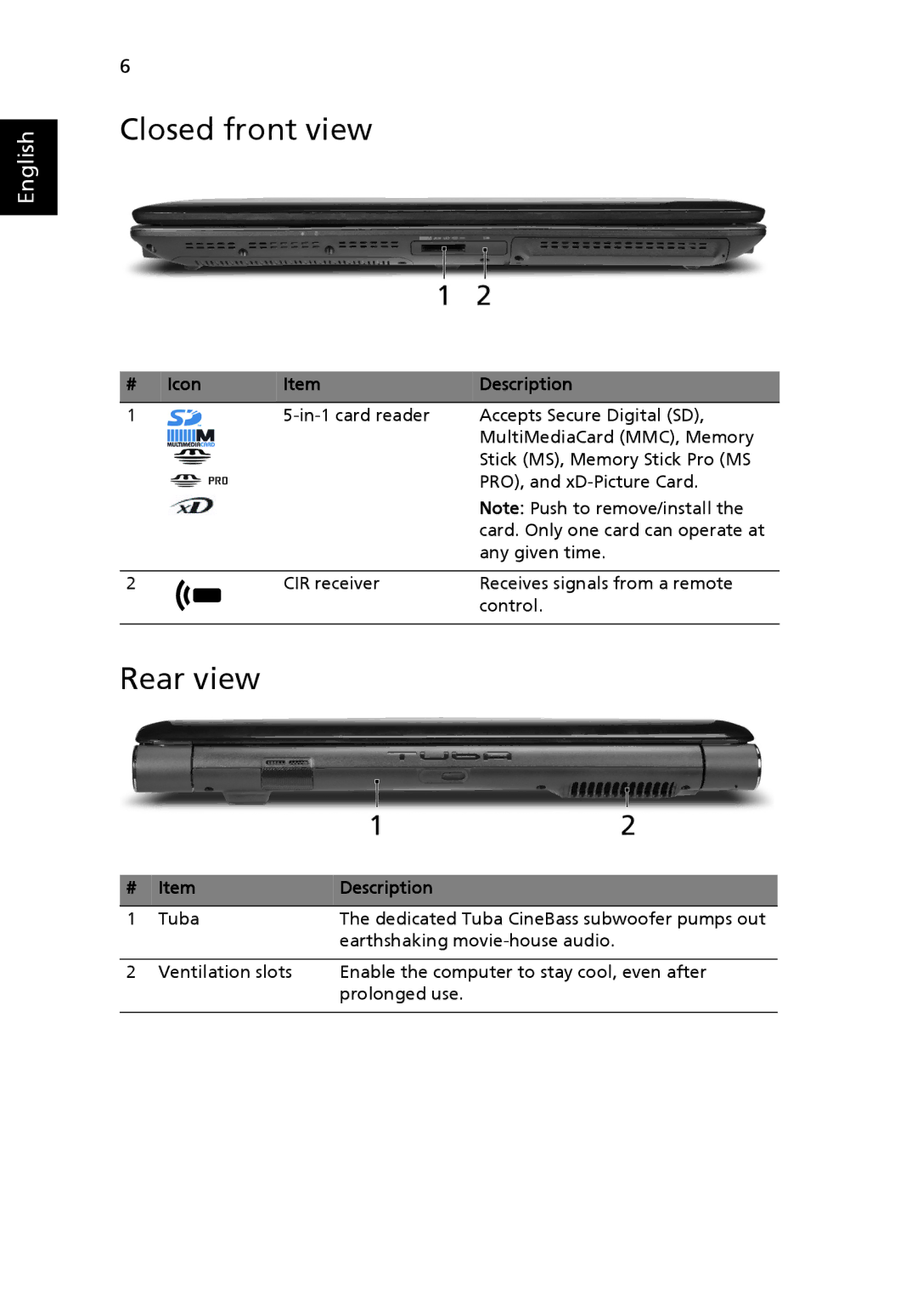 Acer 6930 Series, 6930Z Series manual Closed front view, Rear view 