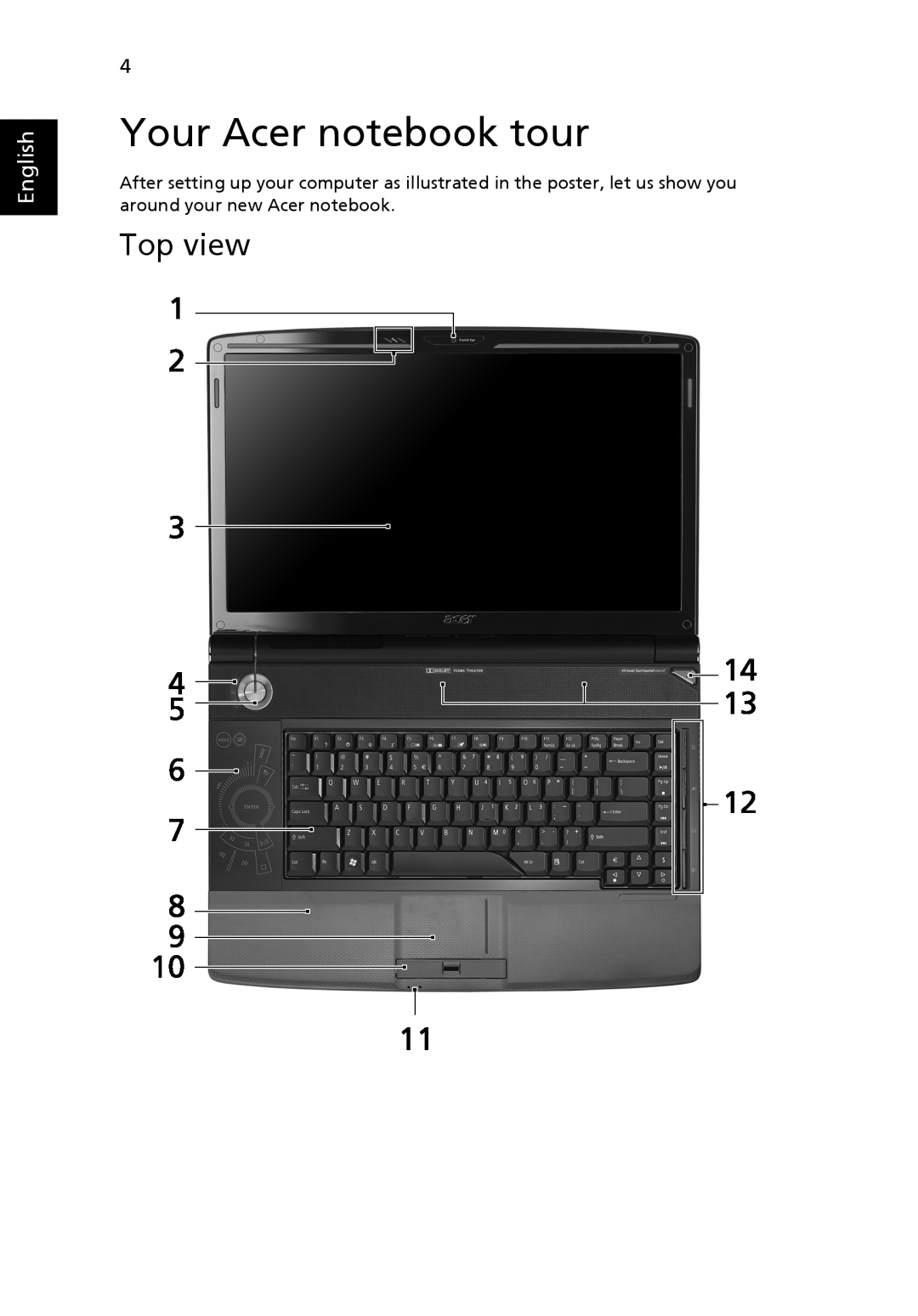 Acer 6935 Series manual Your Acer notebook tour, Top view, English 