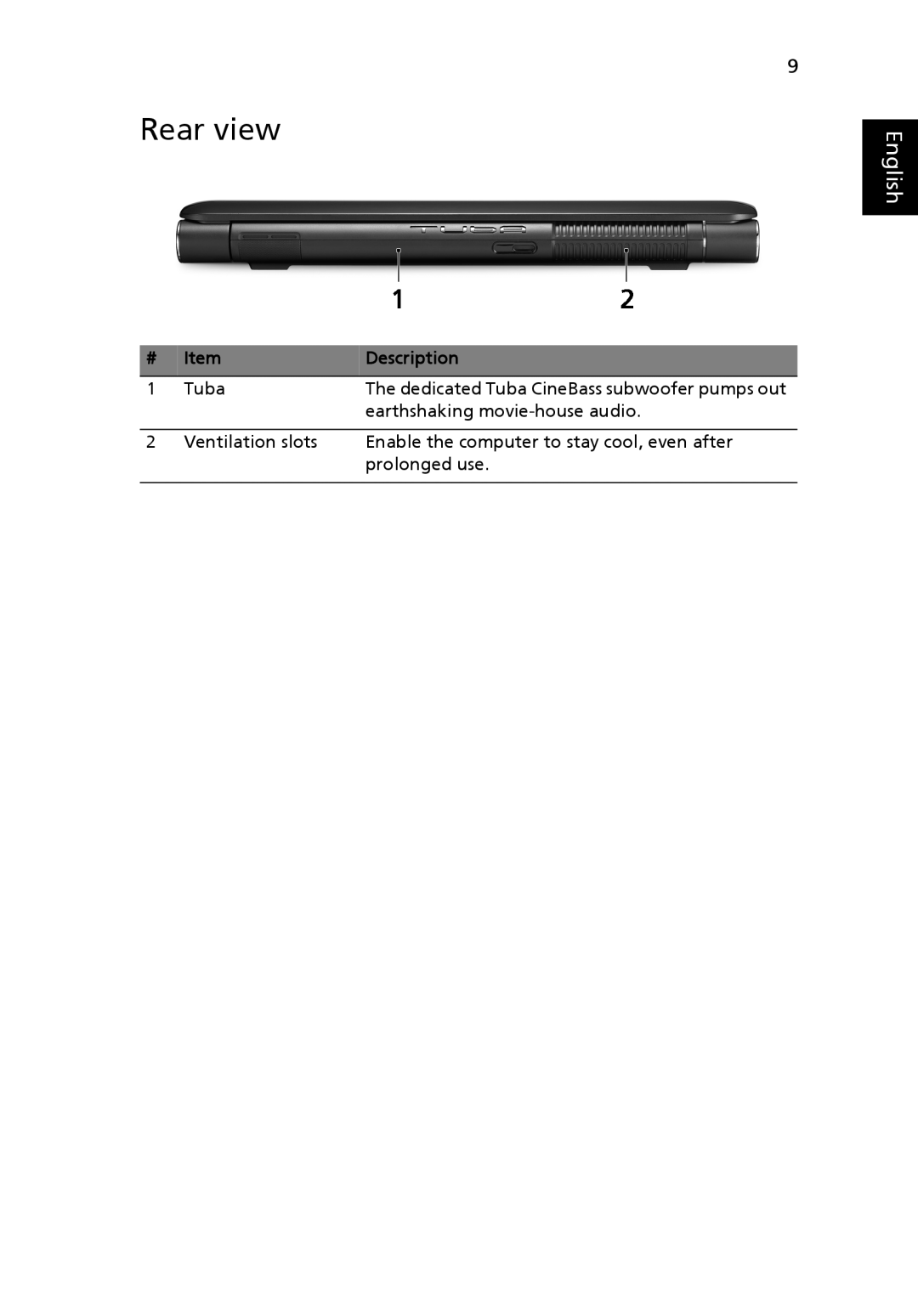 Acer 6935 Series Rear view, English, Description, The dedicated Tuba CineBass subwoofer pumps out, Ventilation slots 