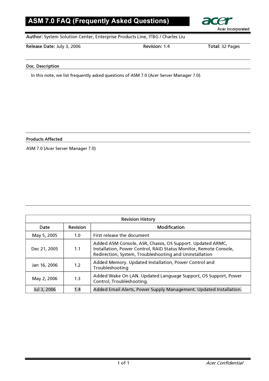 Acer 7 manual Products Affected, Revision History, Date, Modification 